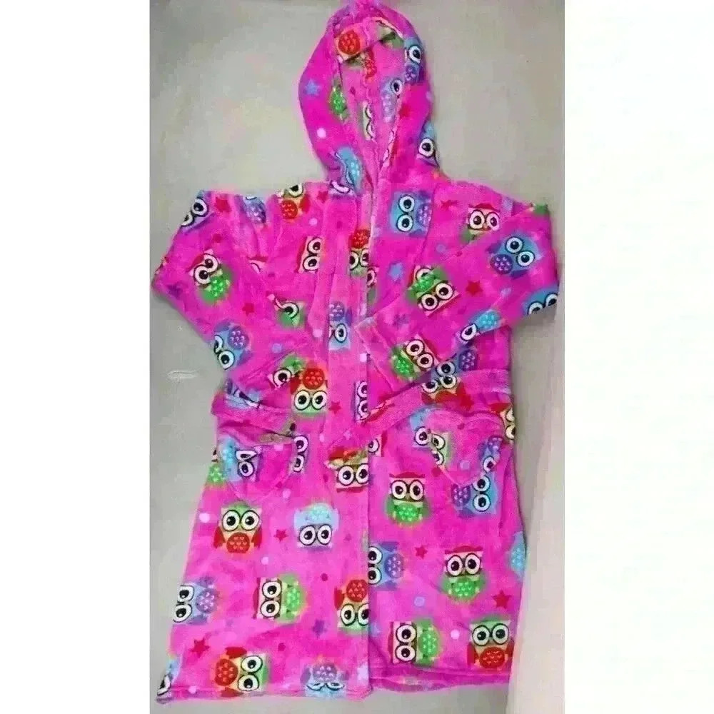 Komar Kids Size L (14/16) Pink Owl Print Fleece Hooded Tie Waist Bath Robe
